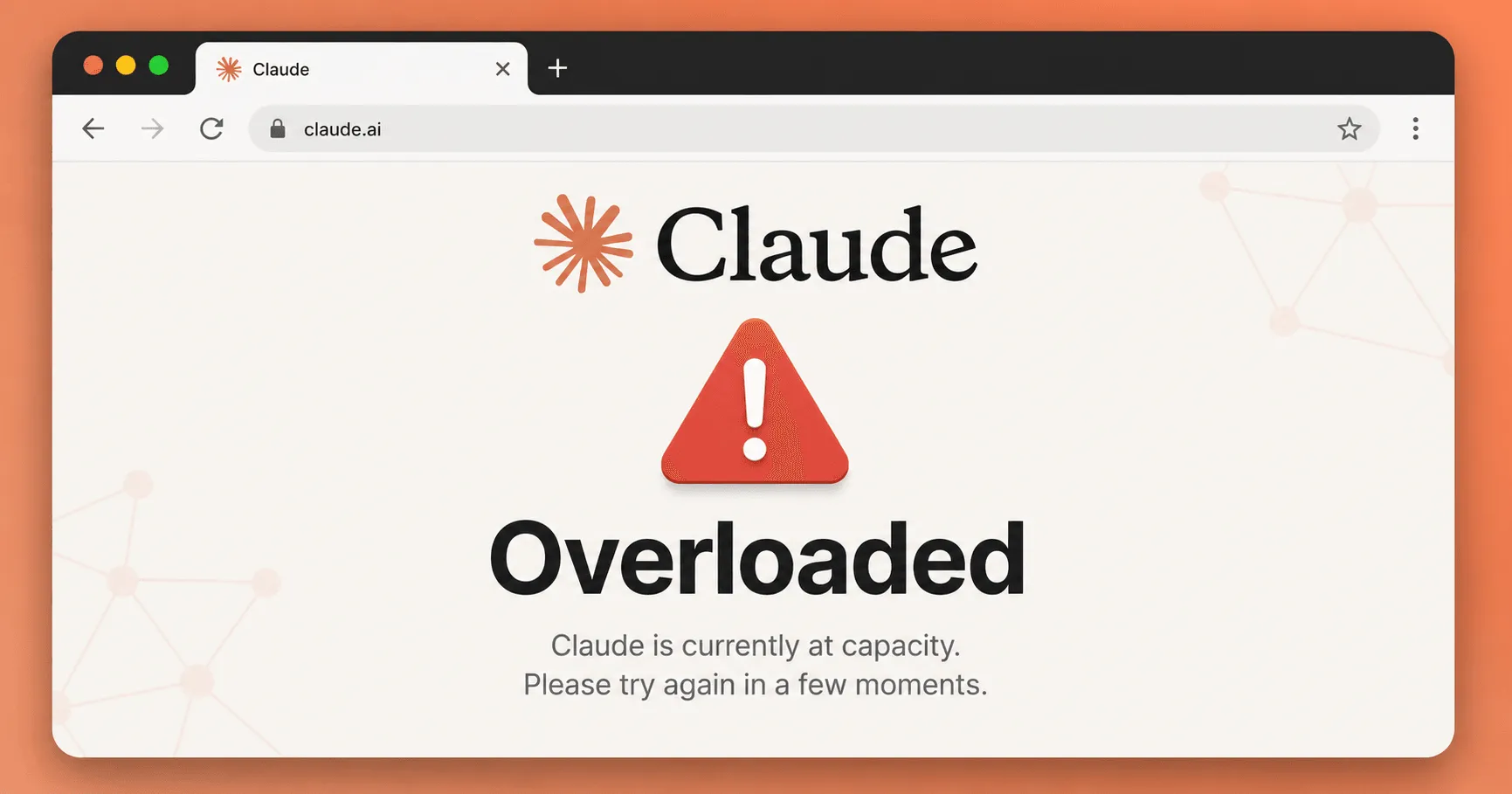 Illustration of a browser window showing an Overloaded capacity message with a red alert icon